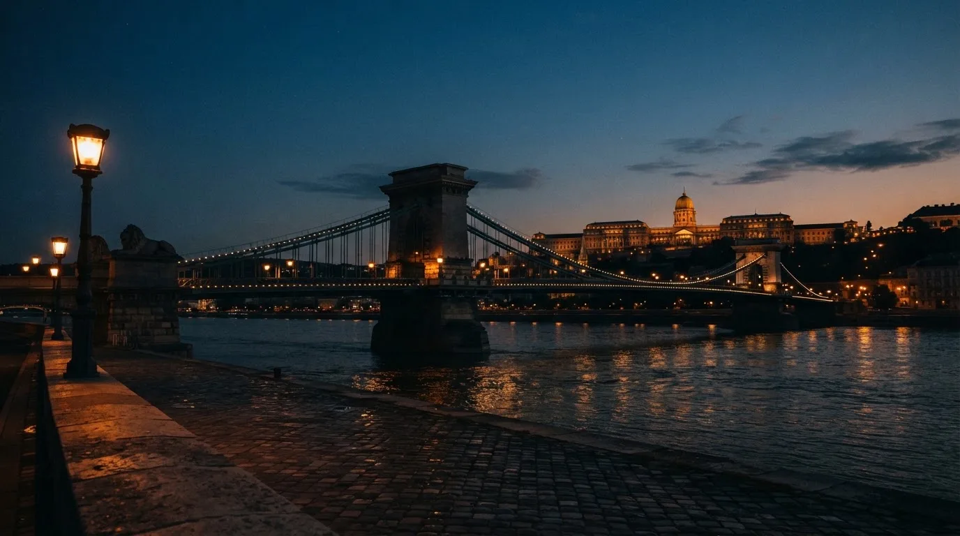 A budapesti Lánchíd esti fényekben a Duna fölött, a háttérben a budai Vár, forgalom nélküli rakpart.