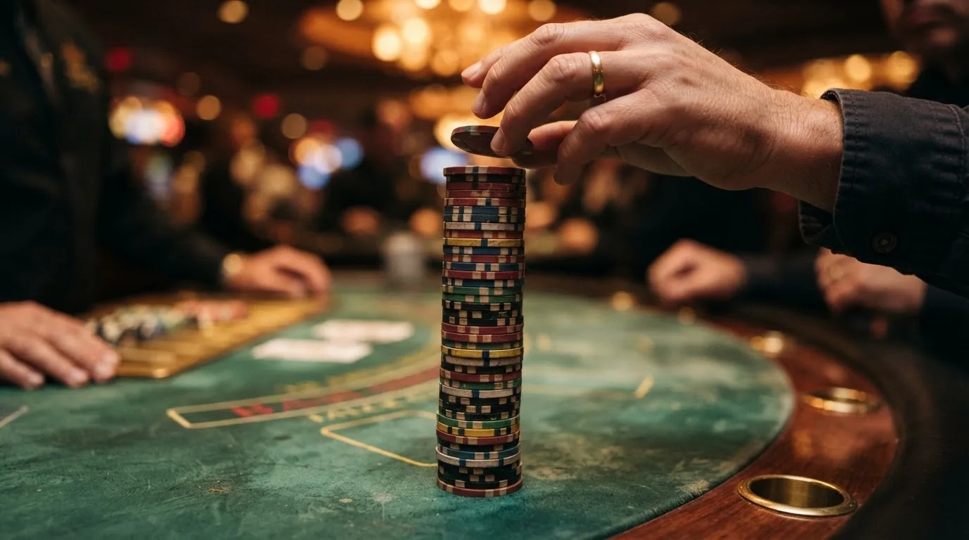 Zsetontorony közelről, egy kéz óvatosan újabb zsetont tesz a tetejére, a háttérben elmosódott blackjackasztal.